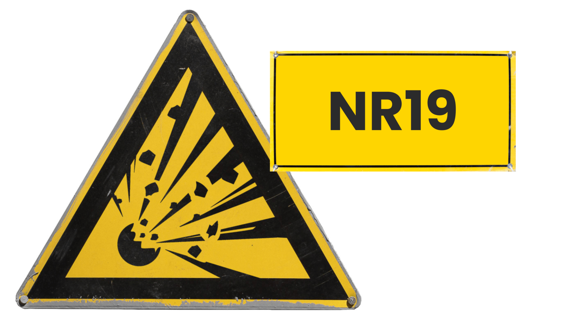 Placa indicando ambiente de trabalho com explosivos, em ambiente controlado conforme a NR-19.